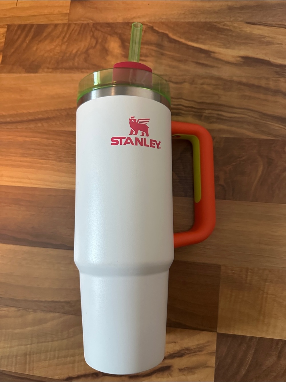 30 oz Stanley White Tumbler with Orange Handle and Lime Accents